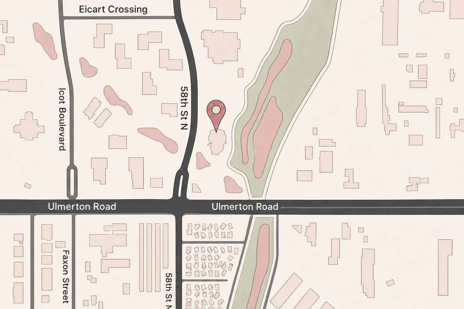 Locator map showing the office near 58th Street North and Ulmerton Road in Clearwater, Florida.